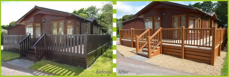 Before and after image of a holiday home makeover featuring Liniar decking